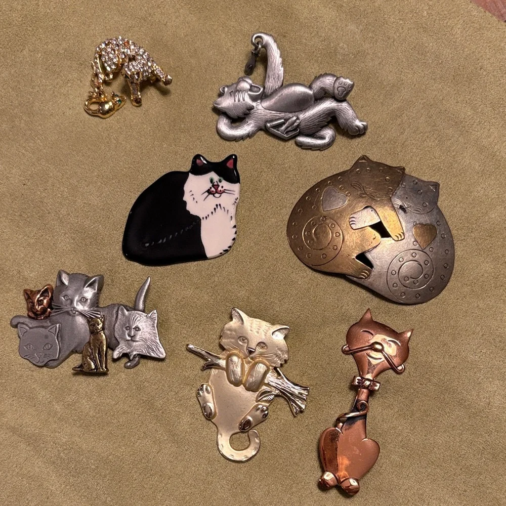 Assorted Cat-Themed Brooch Set - Silver, Black, Gold, Copper